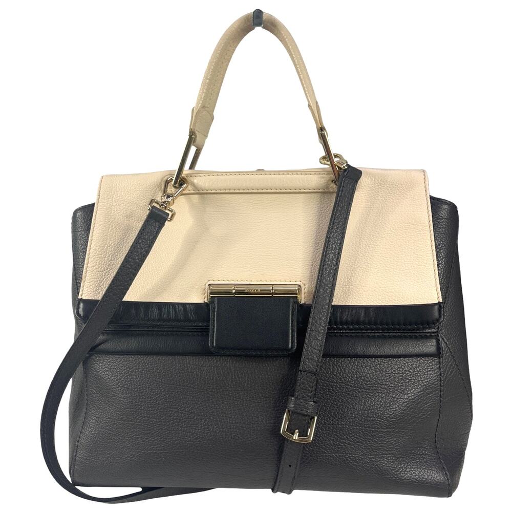 Furla Colorblock Leather Satchel Bag Black/Gray Cream Top Handle Crossbody Italy
